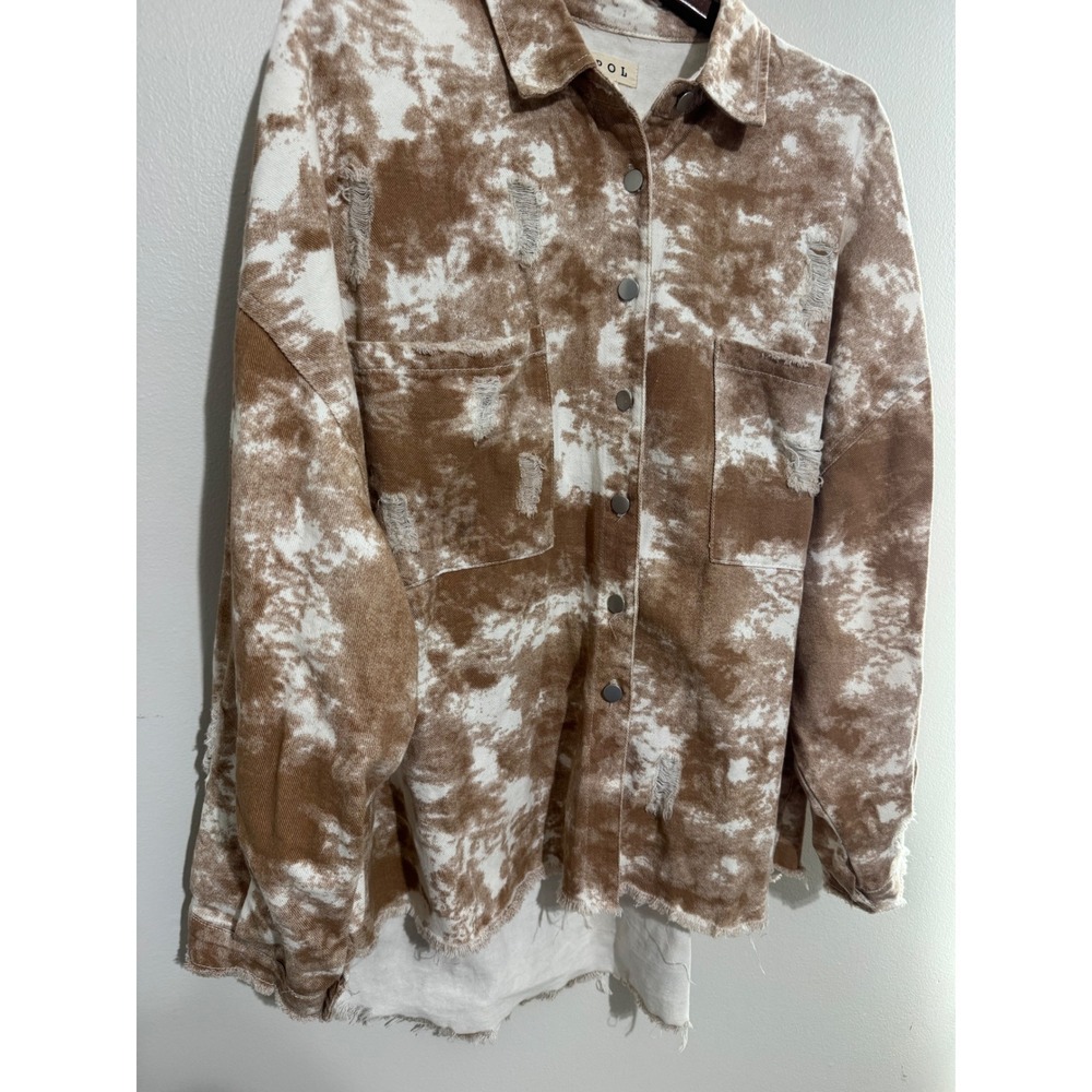 POL Womens Brown Tie Dye Distressed Denim Shacket Oversized Shirt Jacket Large - Picture 4 of 13